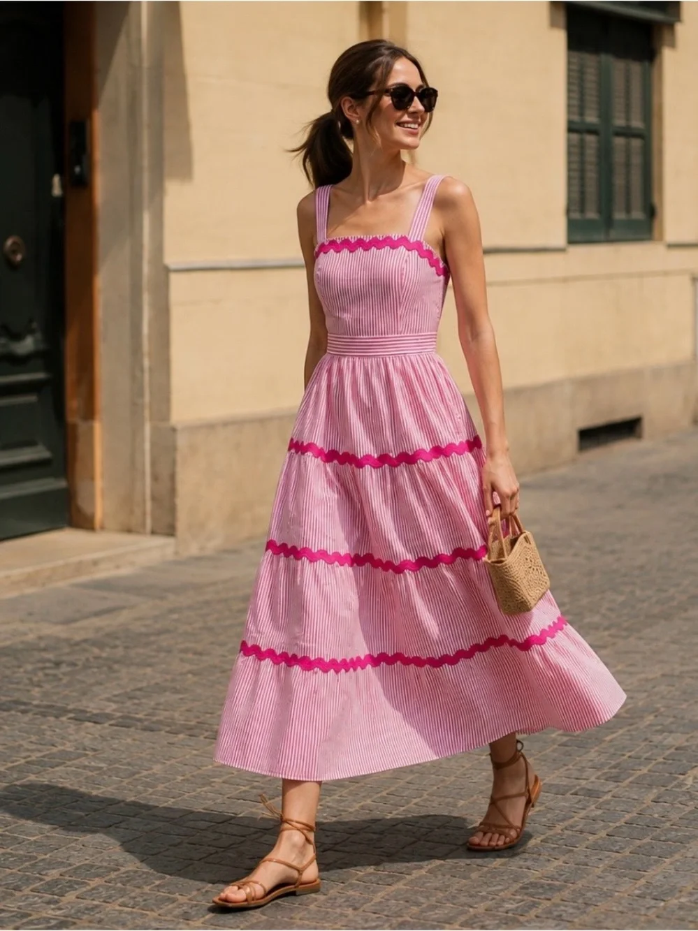 NWT J.Crew Striped Tiered Midi Dress White Fuchsia Fantasy Rickrack Preppy 00